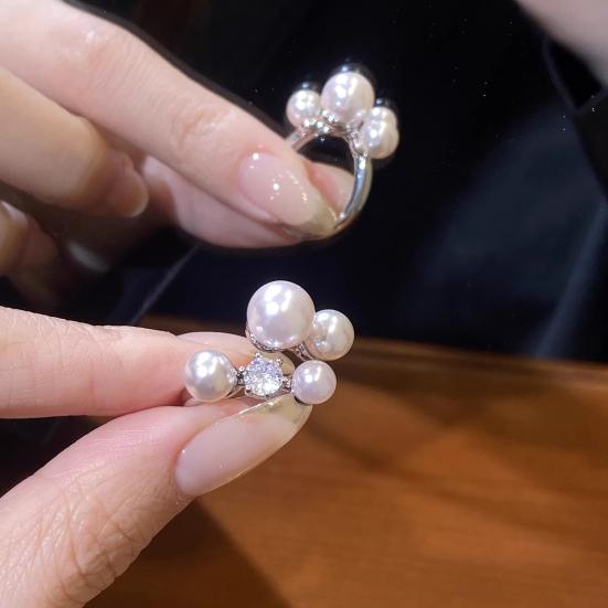 Women Ring French Style Adjustable Opening Finger Ring with Imitation Pearls Cubic Zirconia Design Jewelry Gift