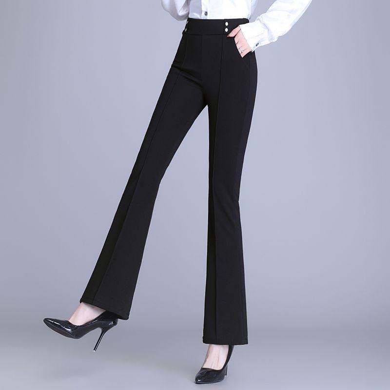 Damen Schwarz Hohe Taille Schlaghose Gerade Beine Elastisch Schlank Geschnitten Freizeit Hose
