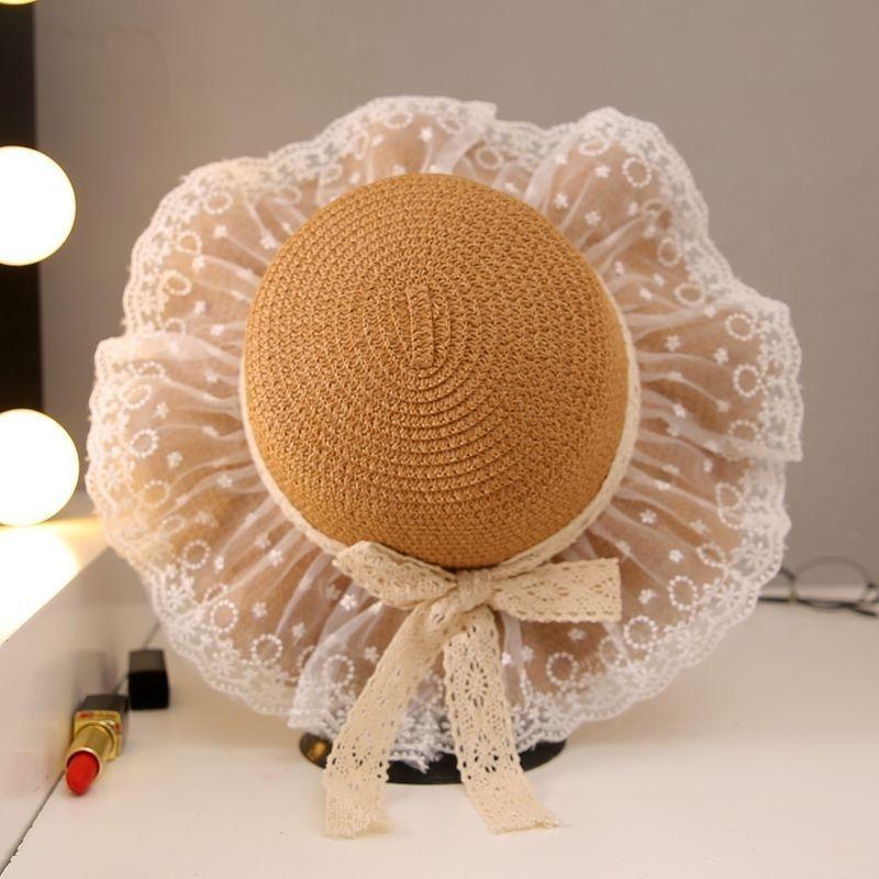 Girl's Sunscreen Lace Straw Hat Summer Children's Sunshade Travel Princess Wind and Snow Spinning Cool Hat