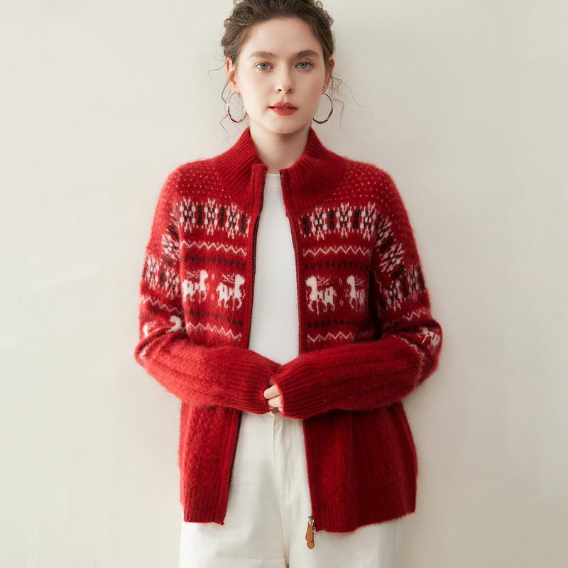 

Женская ретро толстая кашемировая жаккардовая куртка-свитер на молнии со стойкой XL красный
