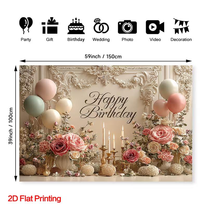 2D Cream Aesthetic Birthday Banner, Pastel Balloons and Floral Arrangement