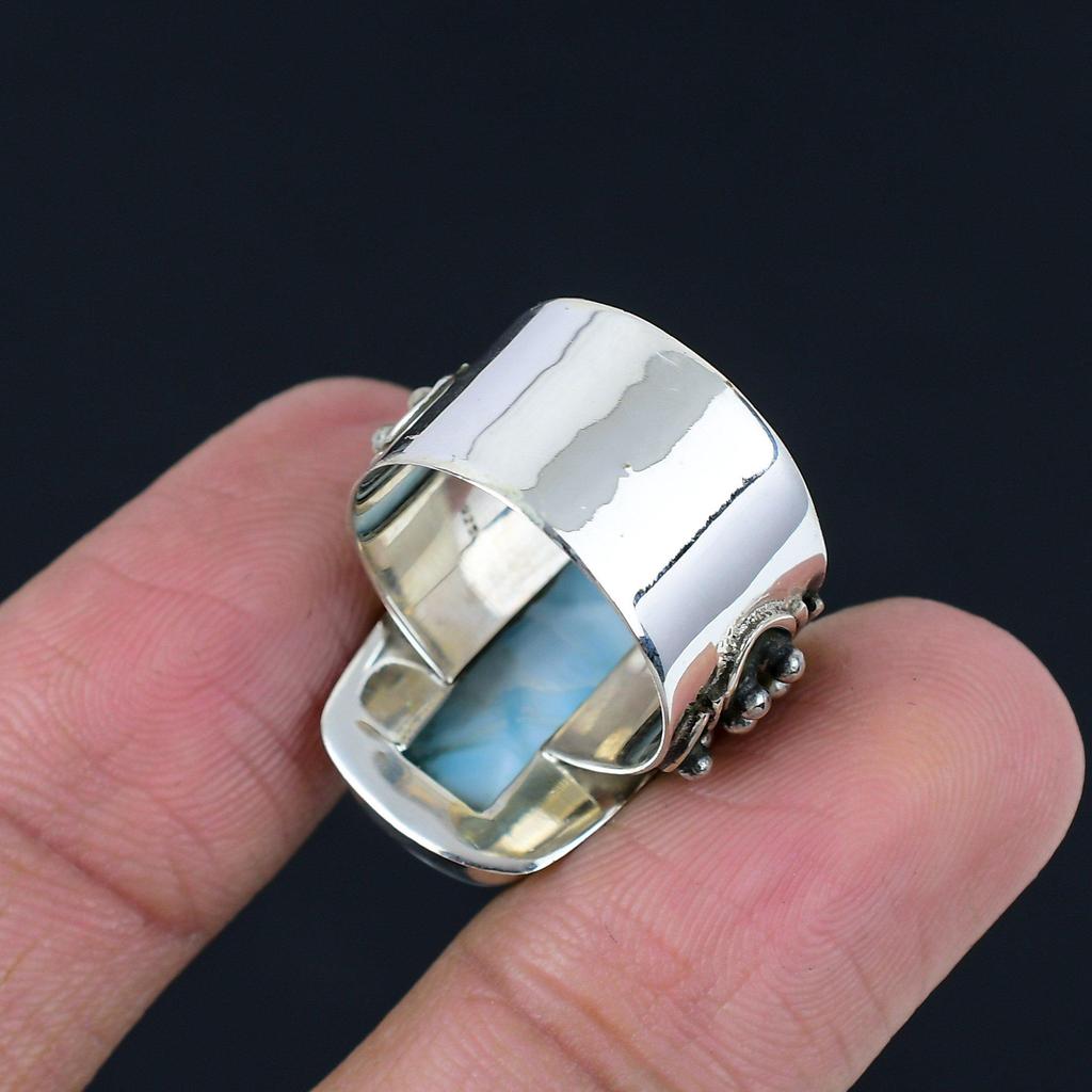 Natural Larimar Gemstone Ring 925 Sterling Silver Handmade Wide Band Huge Statement Rings For Women & Girls