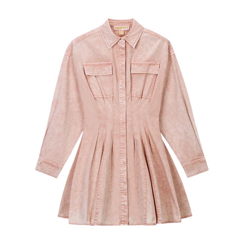 

MICHAEL KORS Women s Waist-Cinching Cotton Denim A-Line Pleated Dress XXS