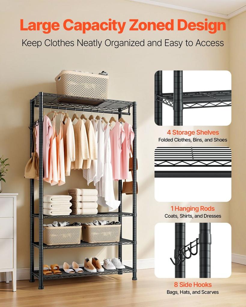 Clothing Garment Rack, Heavy Duty Clothing Garment Rack, 4 Adjustable Tiers Clothing Racks with Carbon Steel, 227 kg Load Capacity Closet Wardrobe for