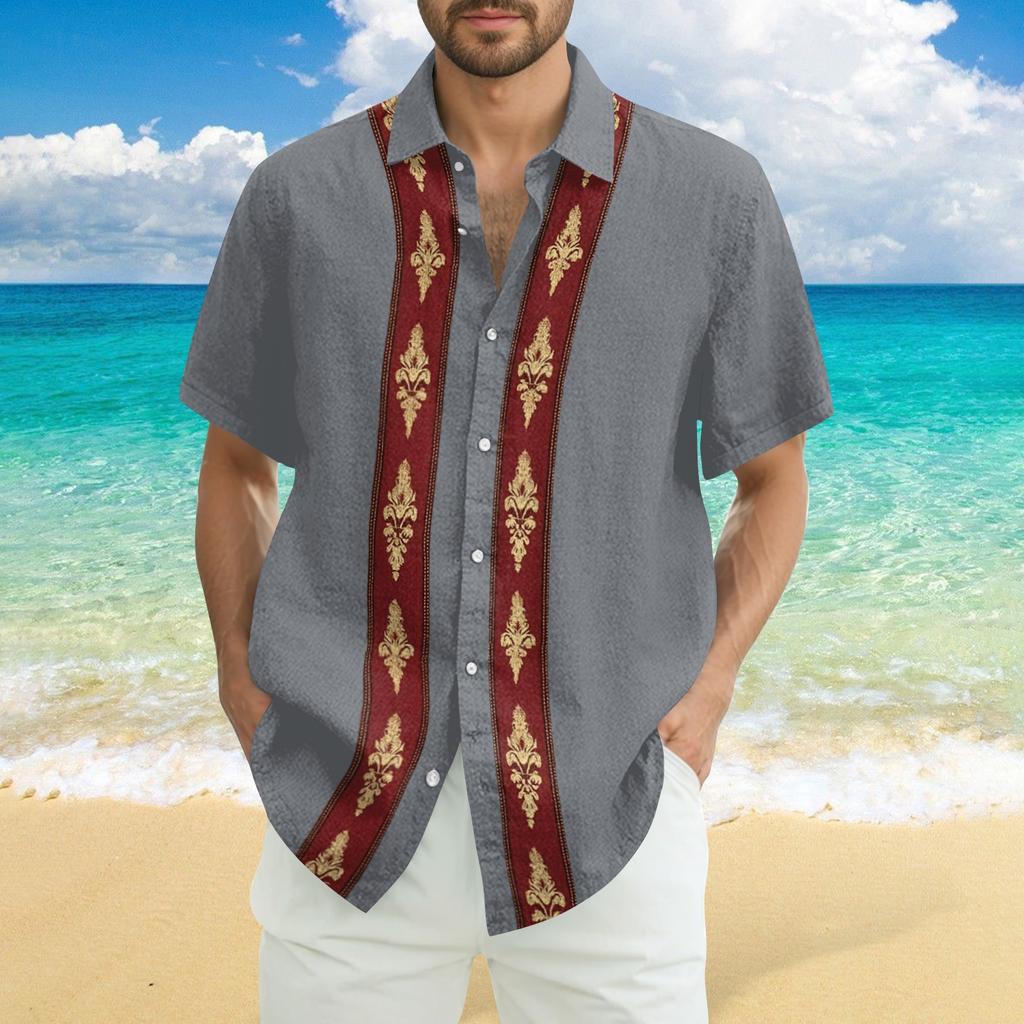 Men's Fashionable Casual Loose Striped Printed Beach Short-sleeved Shirt
