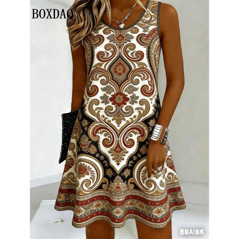 Vintage Ethnic Floral Printing Dress Women 2026 Summer O-Neck Sleeveless Loose Vest Dresses Casual Bohemian Print S
