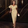 Women Elegant Solid Color Lantern Short Sleeve V Neck High Waist Long Bodycon Dress For Party Wedding Banquet