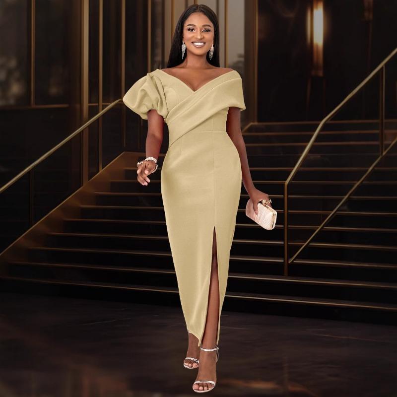 Women Elegant Solid Color Lantern Short Sleeve V Neck High Waist Long Bodycon Dress For Party Wedding Banquet