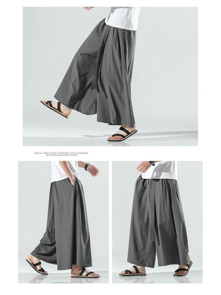 2021 Letní Pánské Retro Čínský Styl Ledové Hedvábí Široké Nohy Ležérní Dlouhé Kalhoty s Páskem, K Dispozici i nadměrné velikosti.