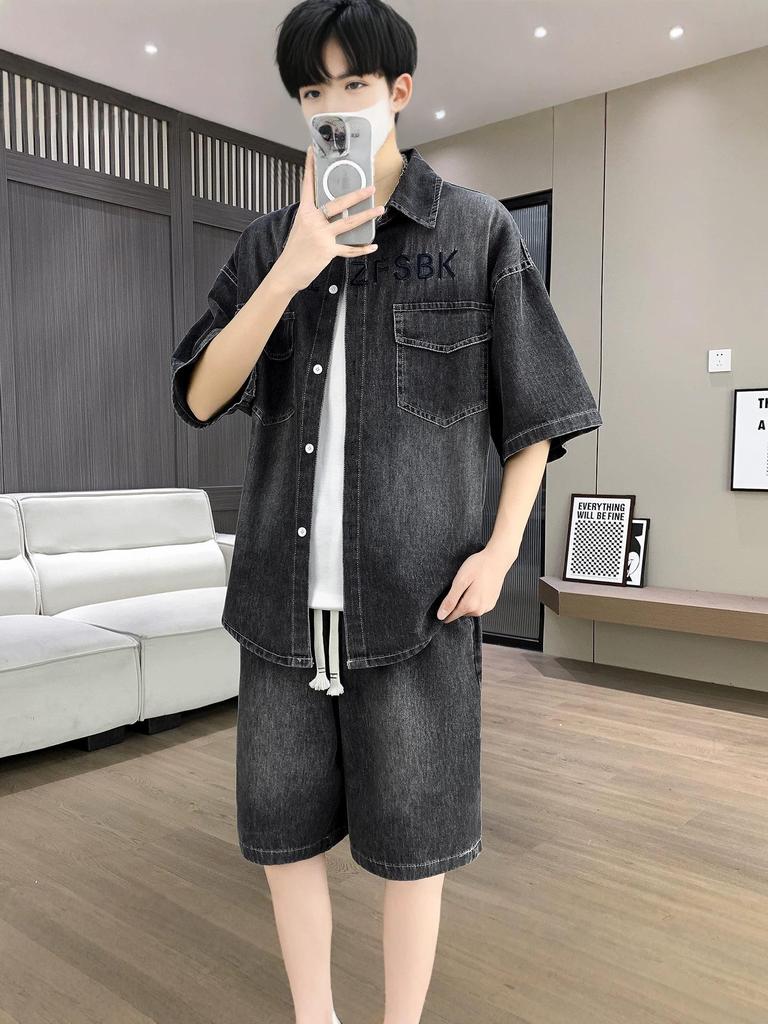 Men's Trendy Summer Denim Two-Piece Set: Short-Sleeve Shirt & Thin Shorts
