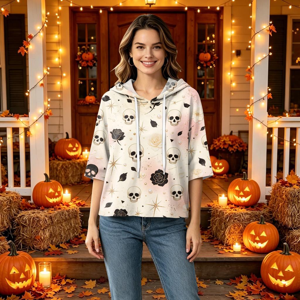 Women's Halloween Printed Hooded 3/4 Sleeve Casual Loose Fit Pullover