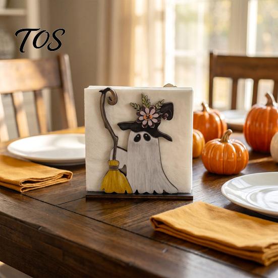 Decorative Napkin Organizer Halloween Wooden Holder, Ghost Pumpkin Tabletop Tissue Dispenser, Unique Gift for Hosts Paper Storage Holiday Dinner Party