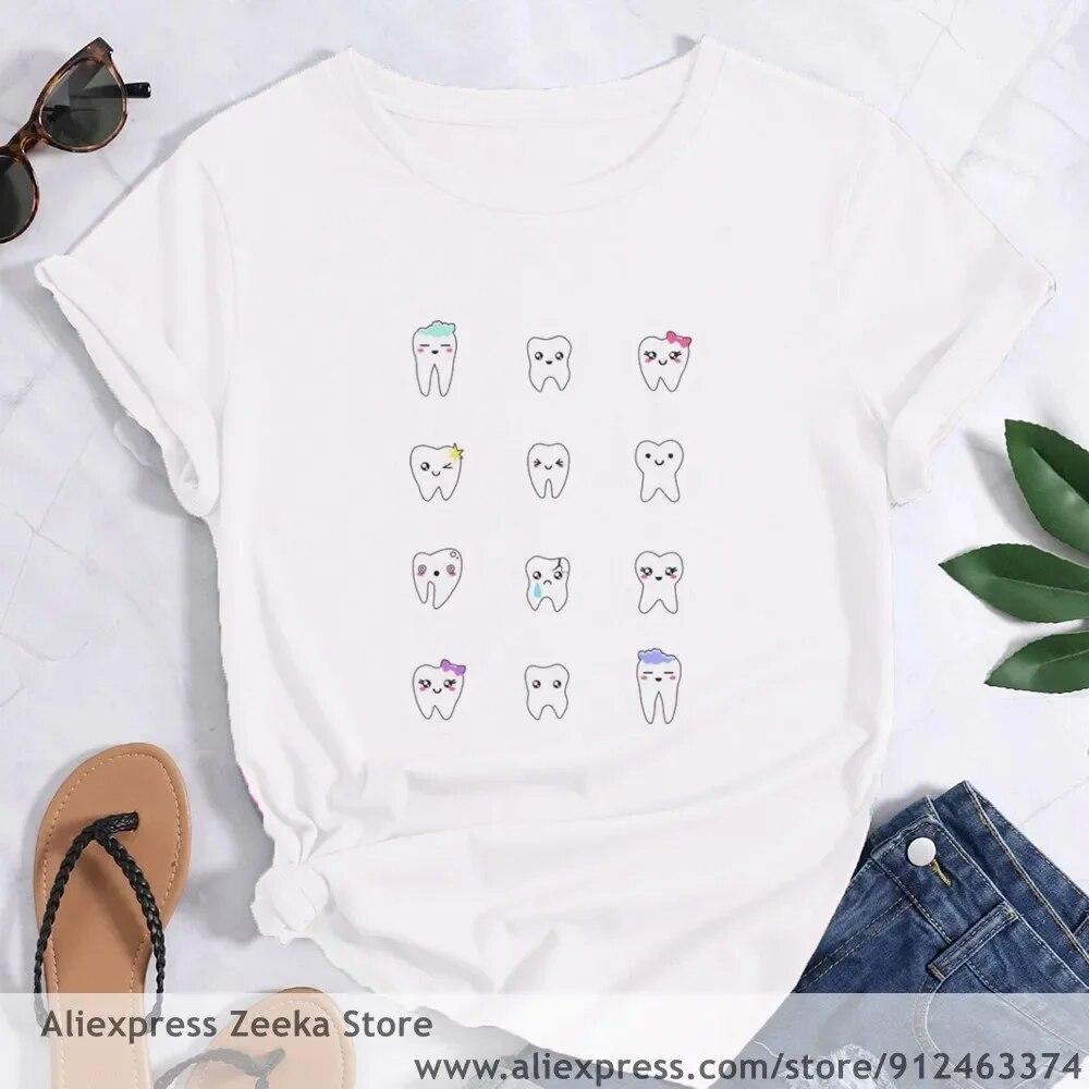 Zahn und Zahnarzt Grafik Ästhetik Frauen Lustige Print Damen T-shirt Mädchen Y2K Harajuku Basis O-kragen Weißes Hemd Kurze