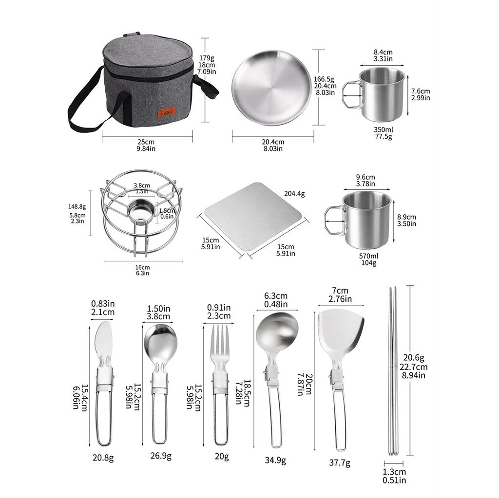 Camping Tableware Set Stainless Steel Cutlery Set Camping Dishes Picnic Dinnerware Portable Lunch Bag Tableware Picnic Cutlery