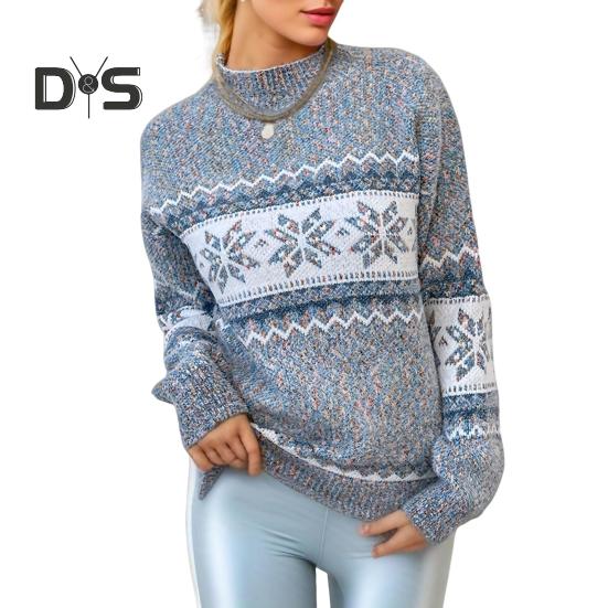 

Зимний женский рождественский свитер с полувысоким воротником, цветной узор в виде снежинок, длинный рукав, трикотаж, толстый теплый новогодний свитер L серый