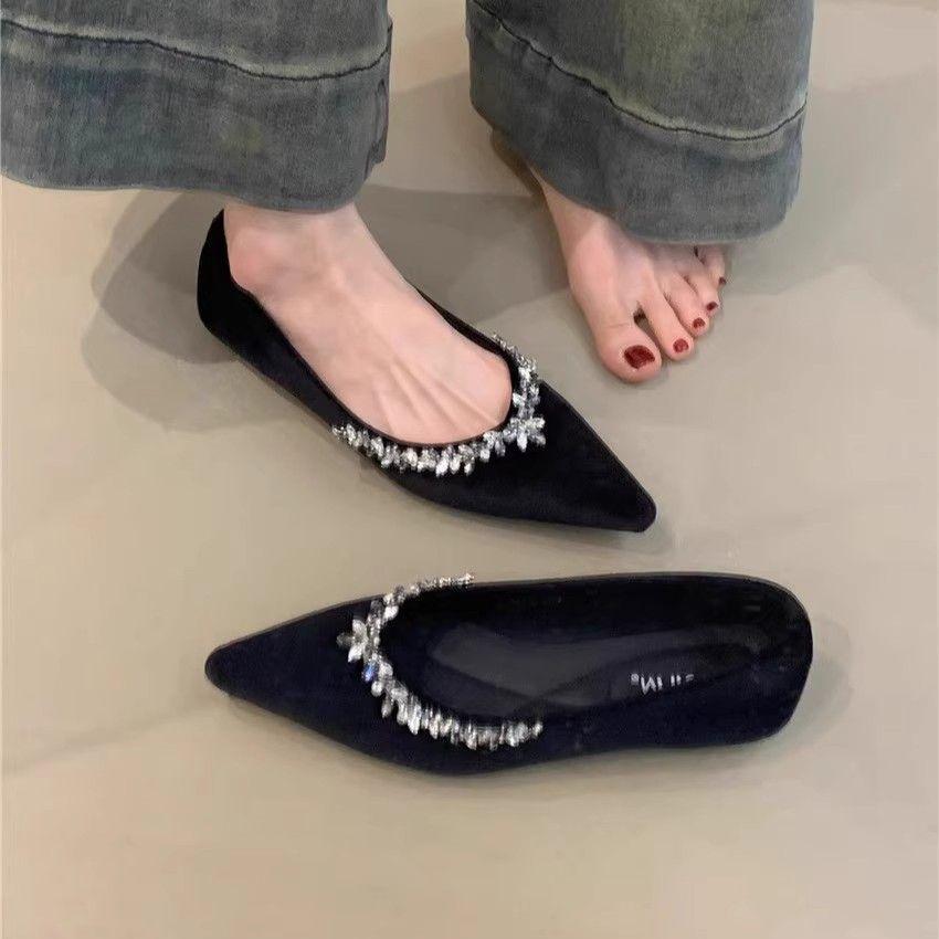 2025 Spring Shallow Commuter Single Shoes Women's Pure Desire Wind Sweet French Pointed Rhinestone Velvet Soft Sole Wedding Shoes Flat