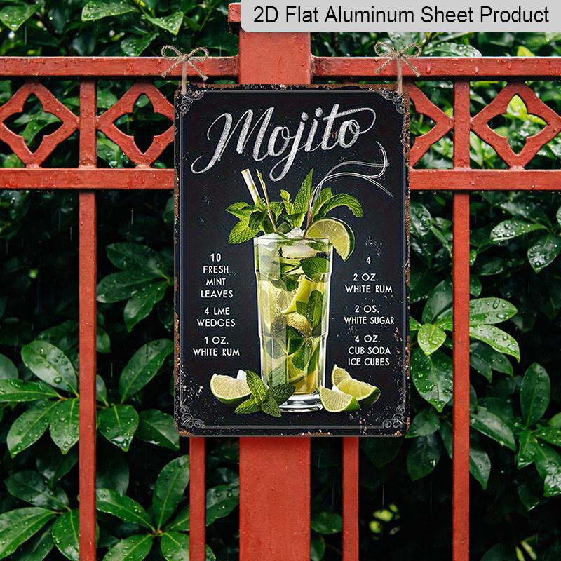 2D Flaches Retro Mojito Aluminium Wandkunst Schild - 8x12 Zoll Vintage Bar Dekoration mit Frischer Minze, Weißem Rum & Limettensaft - Perfekt für Zuhause, Büro oder