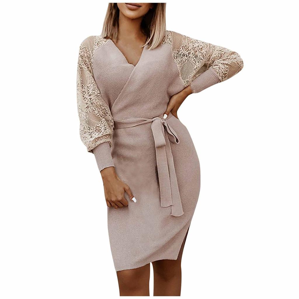 Women Dress  Color V-neck Bandage Lace Patchwork Long Sleeve Evening Dress