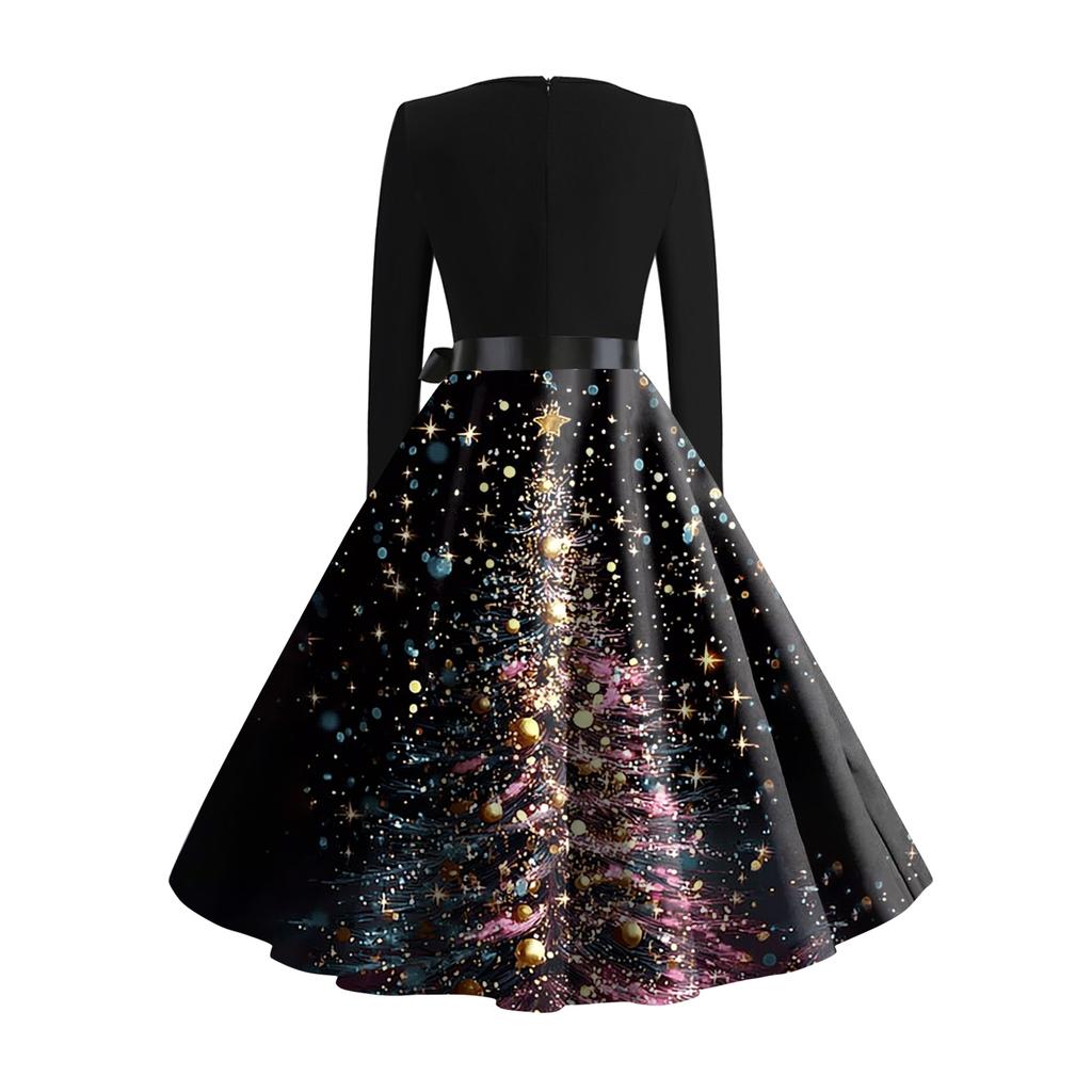Women's Fashionable And Elegant  Winter Long-sleeved Christmas Tree Print Dress