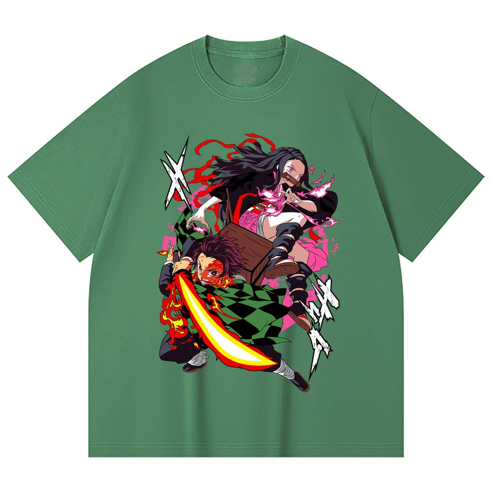 230 Gsm 100% Cotton Demon Slayer V3 Tanjiro Nezuko Print Unisex Heavy Cotton T Shirt