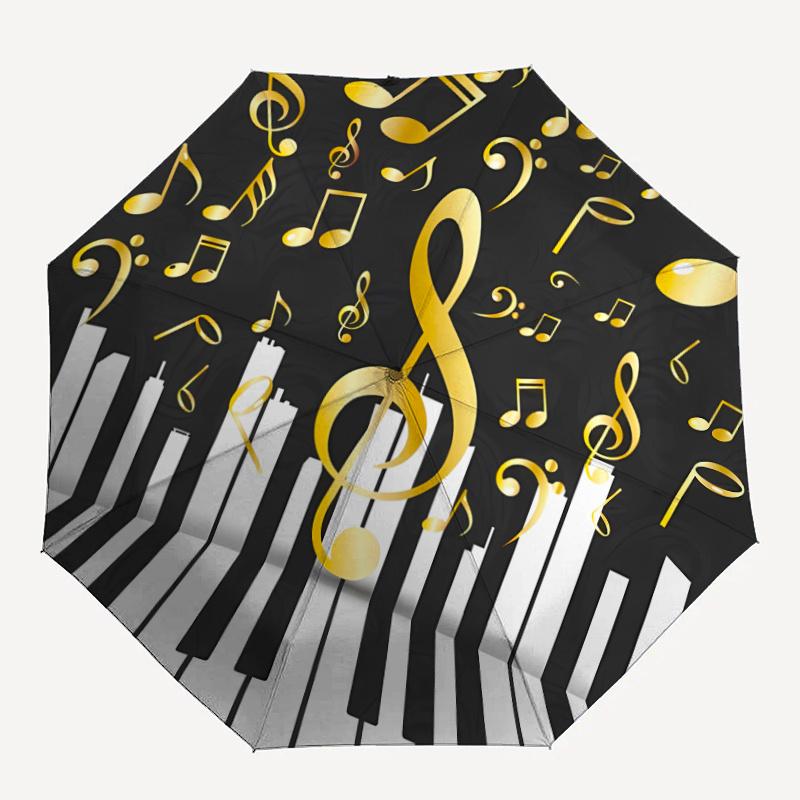 Music Notes & Piano Keys Umbrella - Automatic Open/Close, Shielding, Sturdy 8-Rib Frame, Elegant Black & Golden Musical design