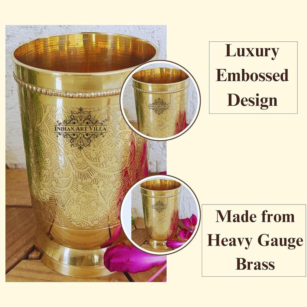 Becher aus reinem Messingglas mit geprägtem Design, zum Trinken und Servieren von Wasser, Yoga & Ayurveda, Volumen 300 ml, 4er-Set