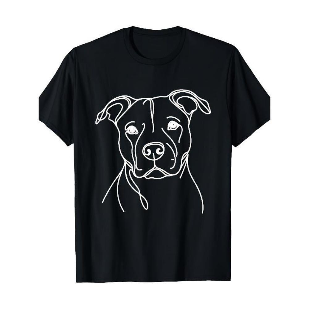 

European Sizes Men s Pitbull Line Art Dog Graphic T-Shirt - Retro Round Neck Short Sleeve, Black & White Pitbull Face Design, Machine Washable Casual S чёрный