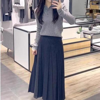 2025 Autumn/Winter High-Waist Black Pleated A-Line Mid-Length Skirt