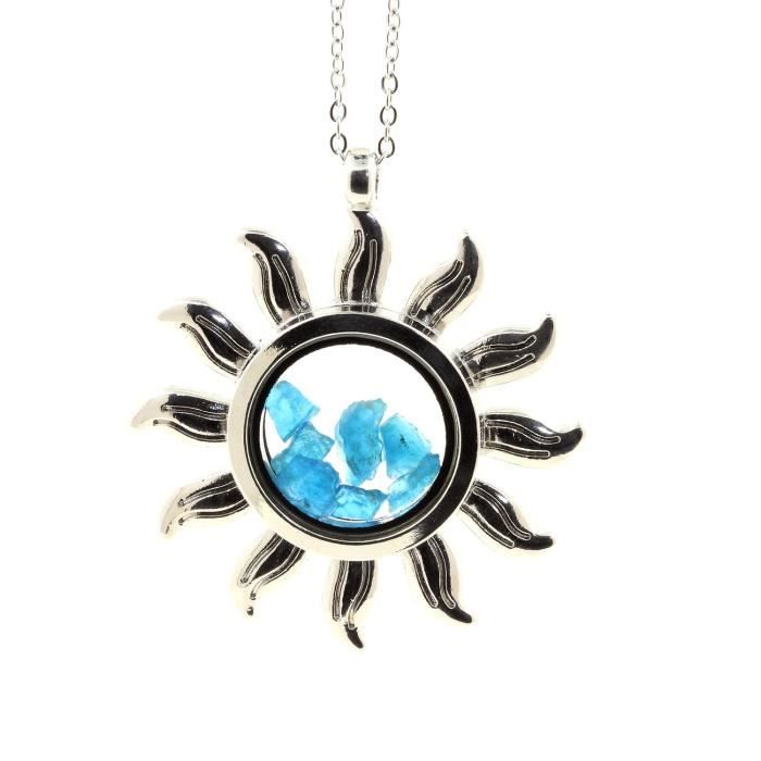 Pierres et Minéraux. Collier Apatite bleu neon brut. Modèle Soleil.