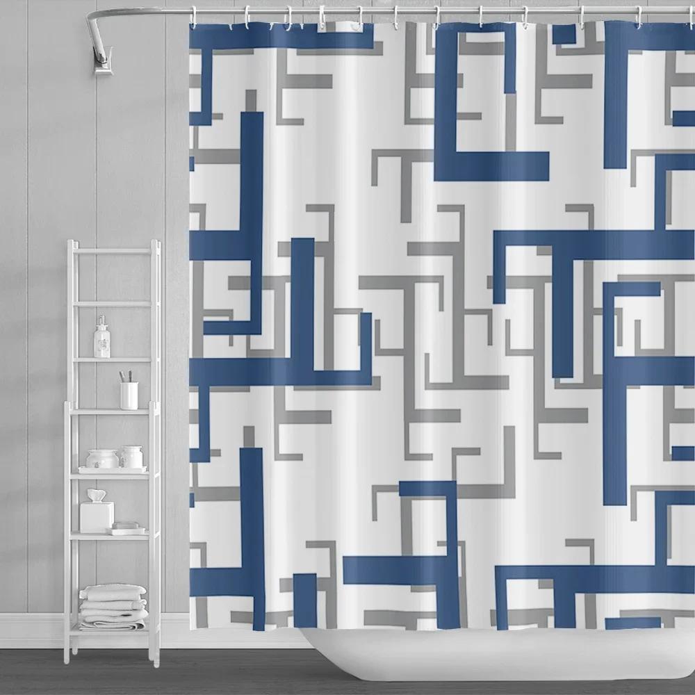 Modern Geometric Shower Curtain Blue Waterproof Shower Curtains Polyester Bath Curtain Bathroom Textured Fabric Machine Washable