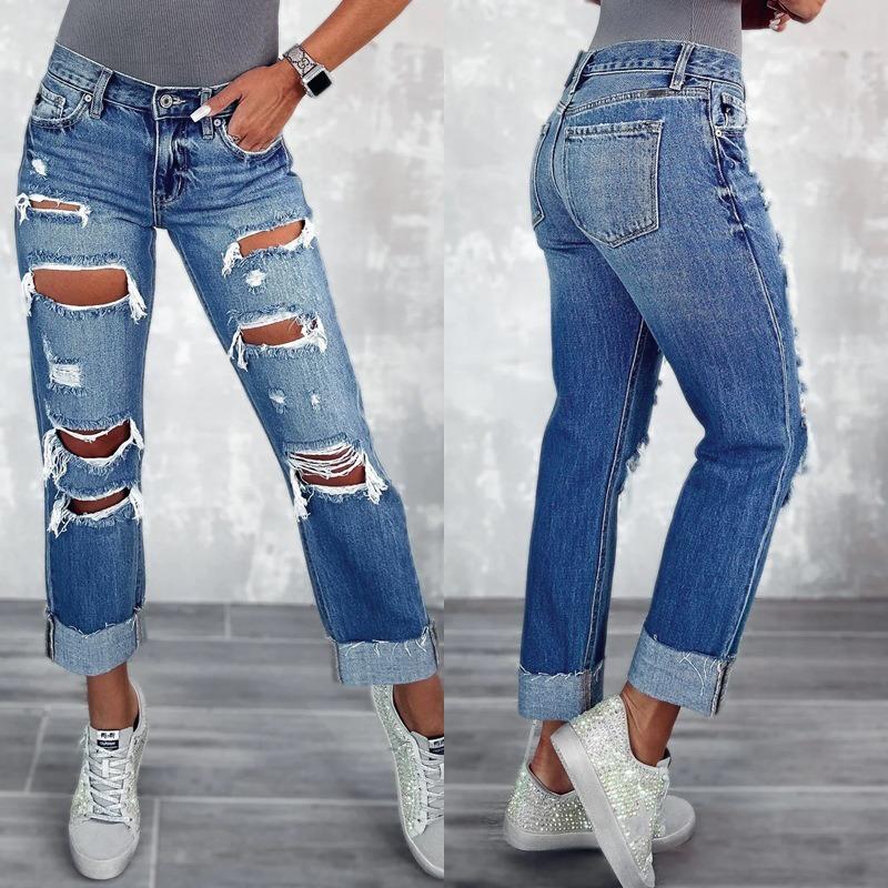 New Women's Ripped Jeans Pocket Skinny Straight Pants Trousers