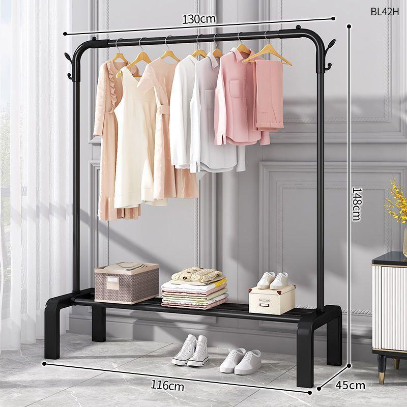 Plastic Floor-Standing Balcony and Bedroom Clothes & Hat Rack, with Folding Drying Pole and Storage.