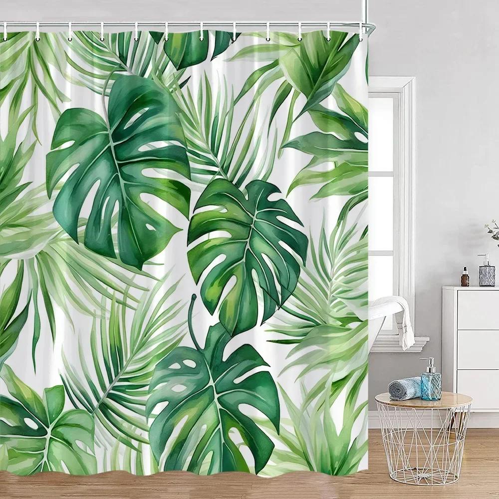 Tropical Leaves Shower Curtain Green Leaf Palm Flower Flower Bathroom Curtain Green Plant Bathroom Decoration with Hook