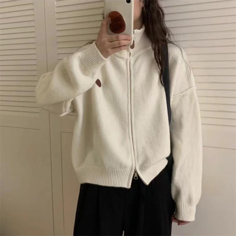 Women's Korean-Style Double Zipper Stand Collar Knit Cardigan - Loose Fit, Casual, Autumn/Winter 2024 Sweater Coat