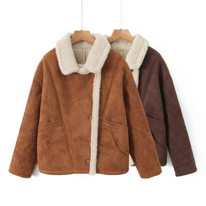 Women European Fashion Loose Warm Vintage Lamb Wool Winter Coat