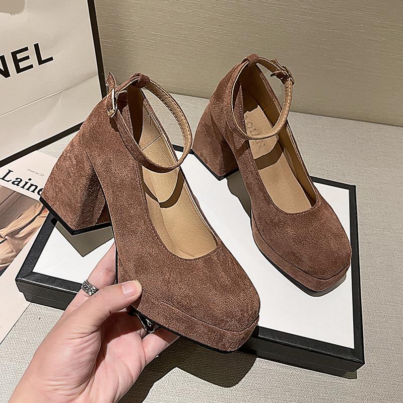 Fashion Women's New Autumn Coarse Heel Single Shoes Round Head Shallow Mouth Suede Thick Sole Anti-slip Wear-resistant High Heels