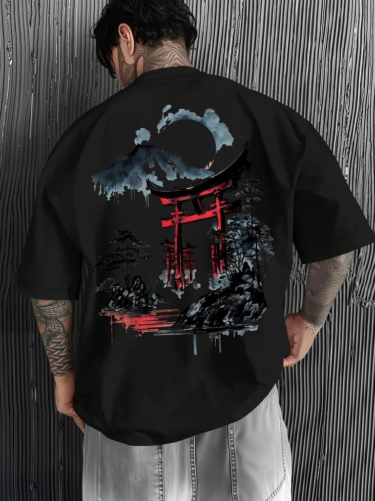 Japanese Ukiyoe Torii Gatefuji Mountain Print Cotton Unisex Unisext Tshirt Summerautumn Daily Sports Casual Loose Shortsleeve