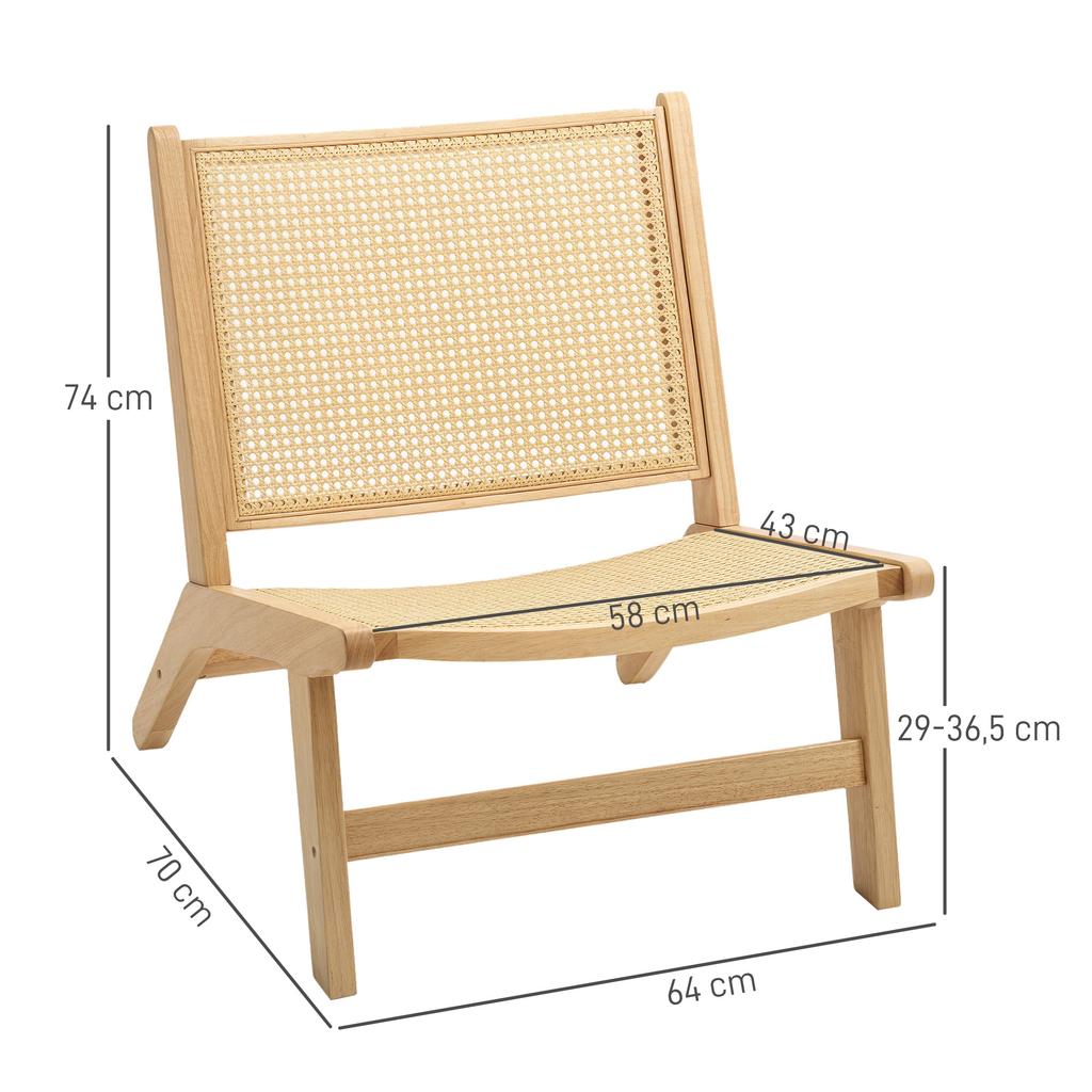Rattan Chair, Reading Chair, Wood Frame, Wide Seat, 64 x 70 x 74 cm, Natural Wood