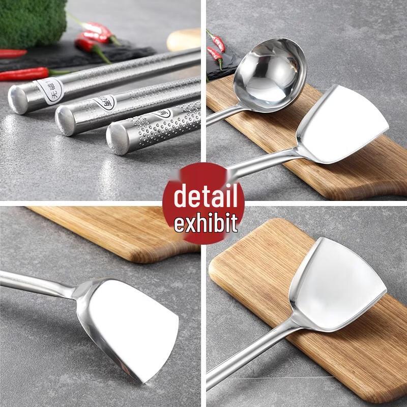 ZISIZ Stainless Steel Chef Wok Spatula & Ladle Set with Wooden Handle