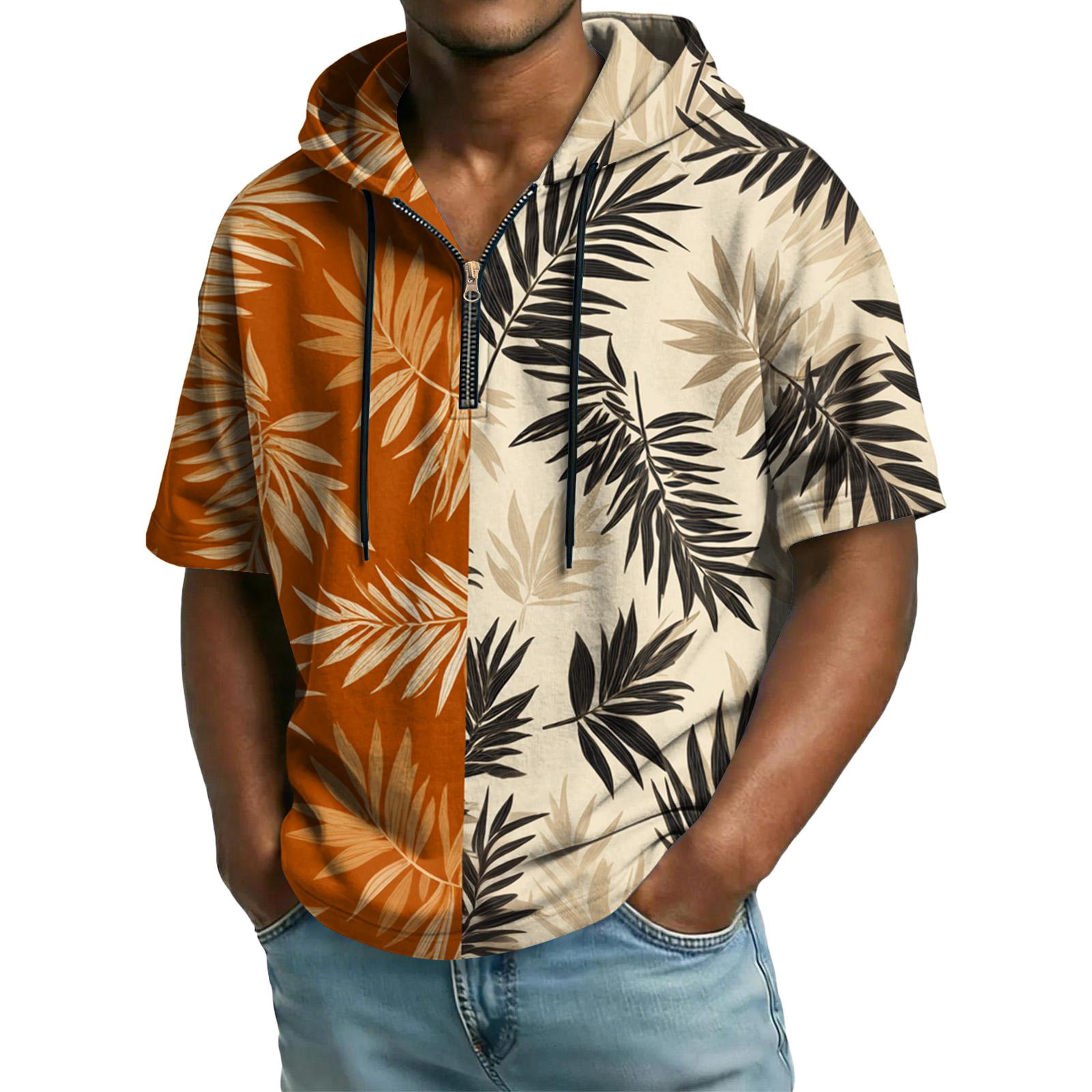 Men s Casual Hooded Zipper Neck Sweatshirt Short Sleeve Top XL шафрановый