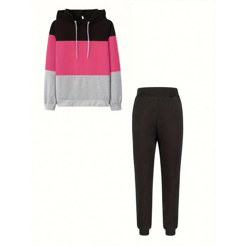 Women s Color Block Hooded Printed Top & Pants Casual Long Sleeve Set Small