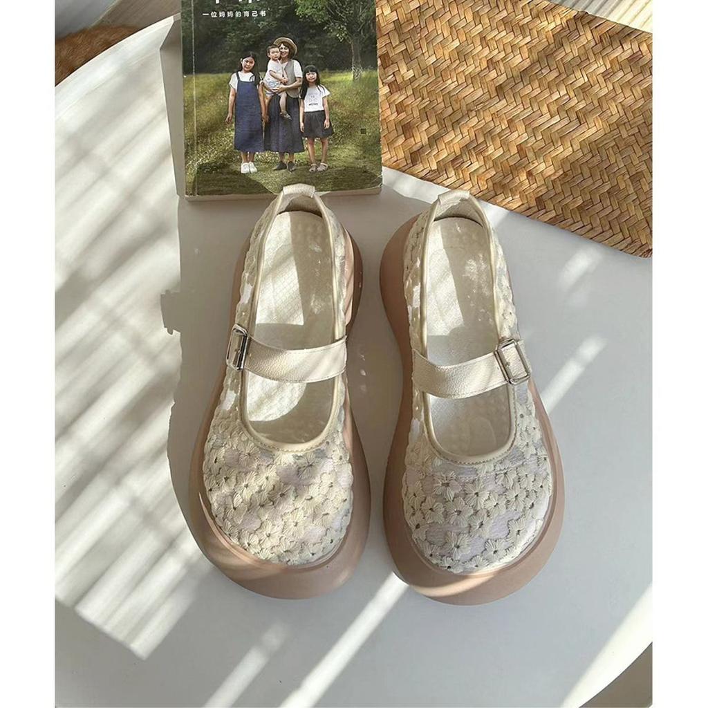Shallow Mary Jane Women's Shoes Thick-soled Heightening Muffin Shoes Mesh Yarn Breathable Hollow Literary Sandals Summer New
