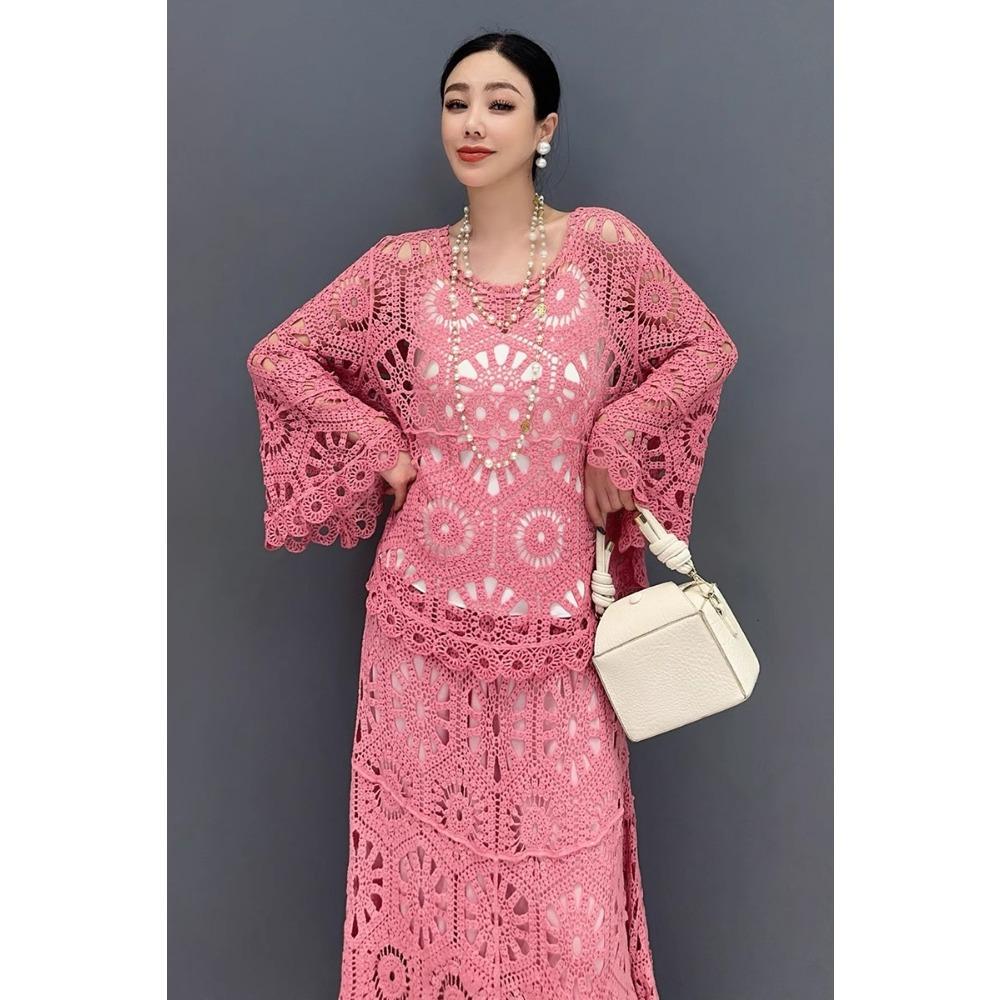 DIMANAF 2025 Neue Rock Anzug Frauen Strand Kurzarm Spitze Stricken Aushöhlen Sexy Oansatz Hohl Sommer Stil Tops Tees Lose grundlegende