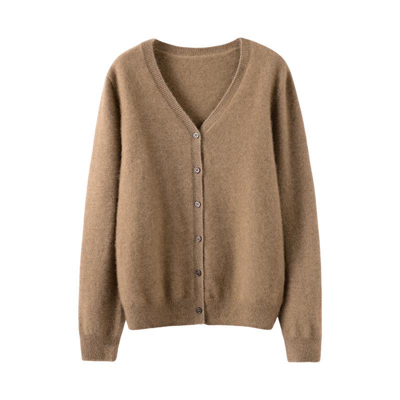 Women's V-neck Pure Cashmere Knit Cardigan - Soft & Fluffy Autumn/Winter Layer
