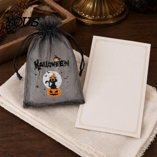 Halloween Pouch 12 Pcs Organza Candy Bag, Drawstring Treat with Pumpkin Ghost Bat Trick or Bag Print, Sheer Favor for Party Snacks, Gift Packaging