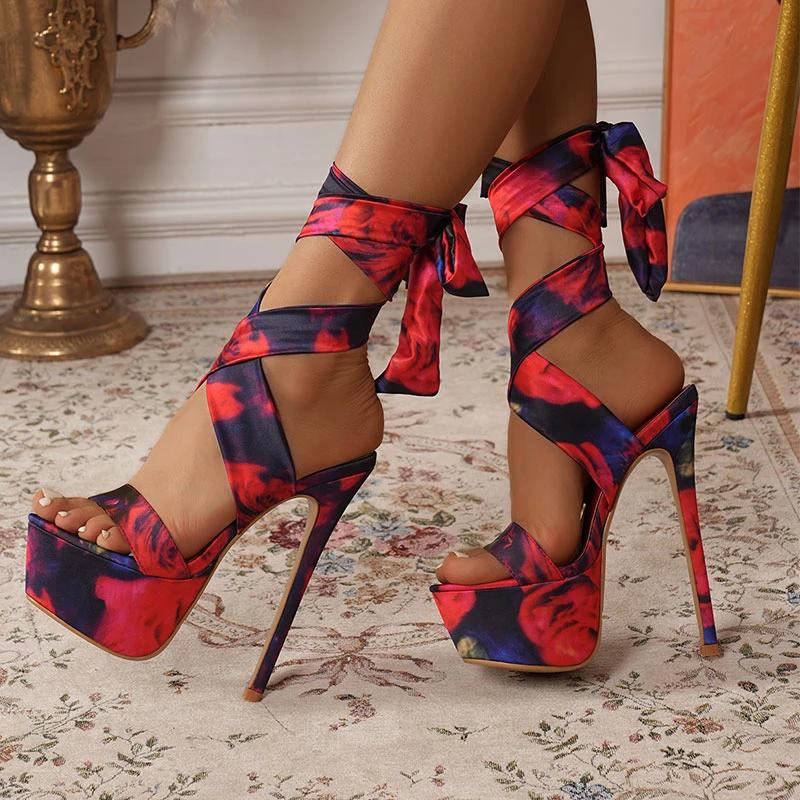 Summer Sexy Camouflage Women Sandals Fashion Stripper Ankle Lace-Up Extreme Stiletto Heels Party Prom Shoes