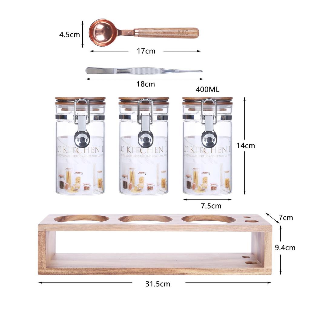 KKC Coffee Bean Storage Container Sealed Canister Sugar Salt Flour Yeast Food Storage Container Glass Coffee Canister with Measuring Spoon 1200ML Set
