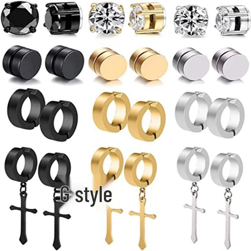 Set de Pendientes Magnéticos de Acero Inoxidable con Forma de Cruz y Circonita para Hombres y Mujeres