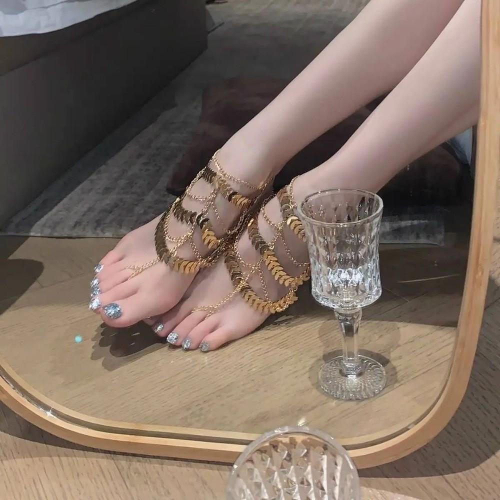 Vintage Tassel Chain Anklet Gold Color Foot Ornament Lightweight Foot Jewelry  COS