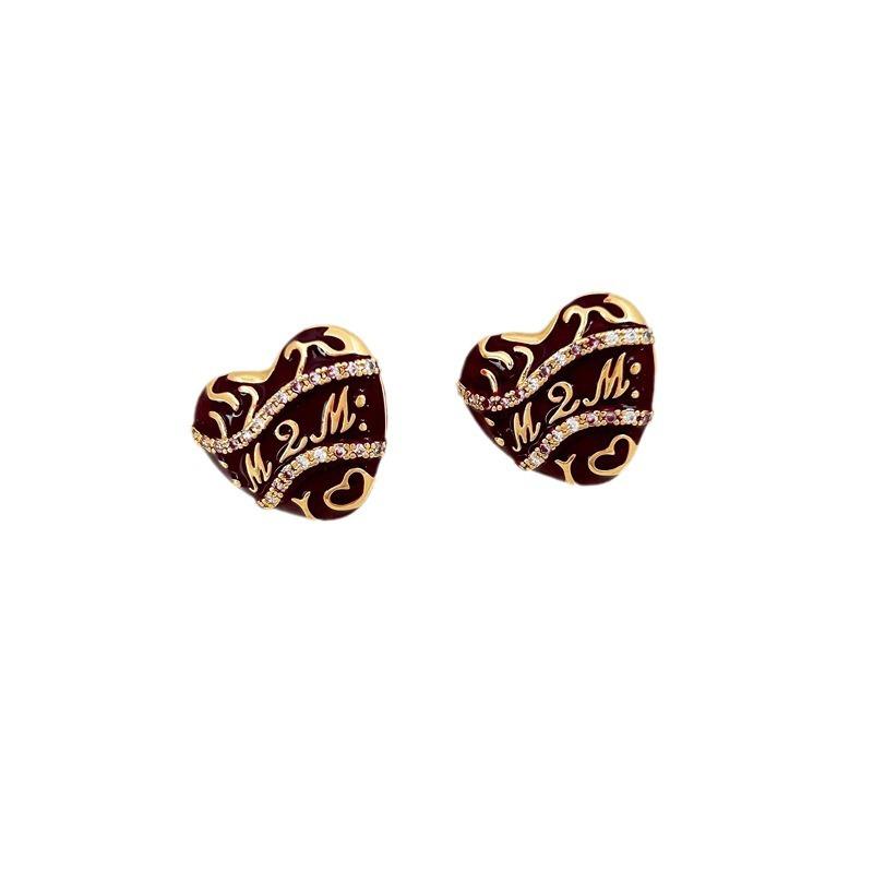 French Retro Micro-Inlaid Zircon Love Stud Earrings For Women